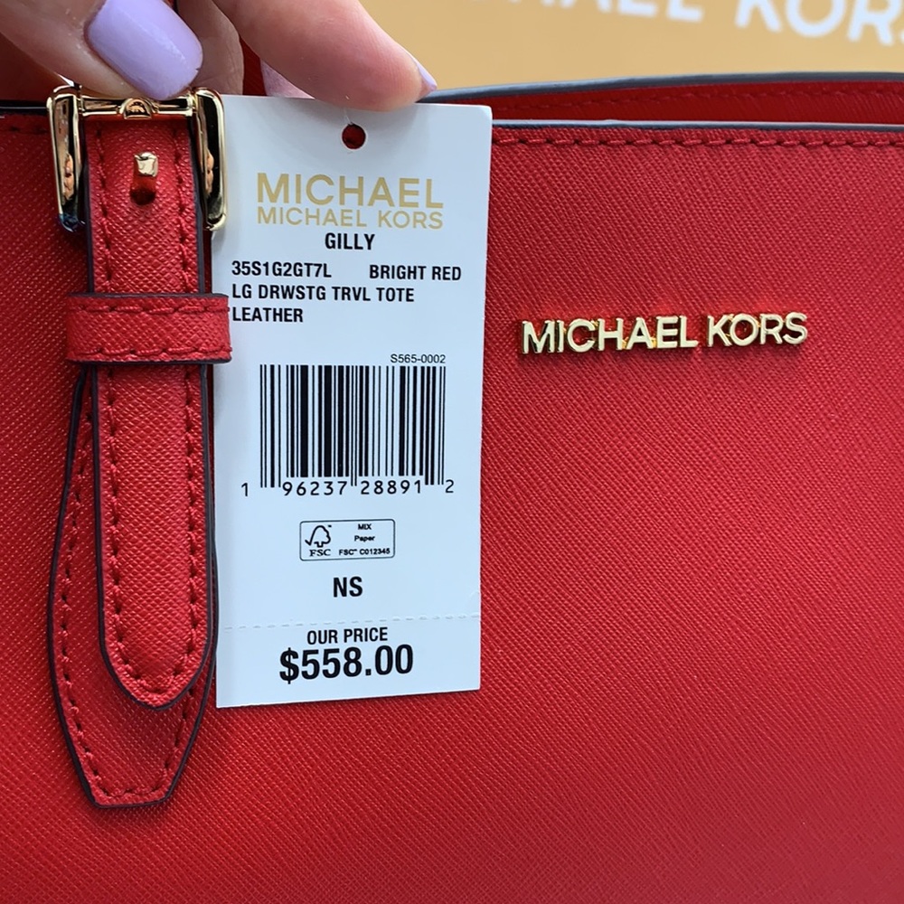 MICHAEL KORS 
Gilly Large Saffiano Leather Tote Bag BRIGHT RED COLOR - Picture 13 of 16